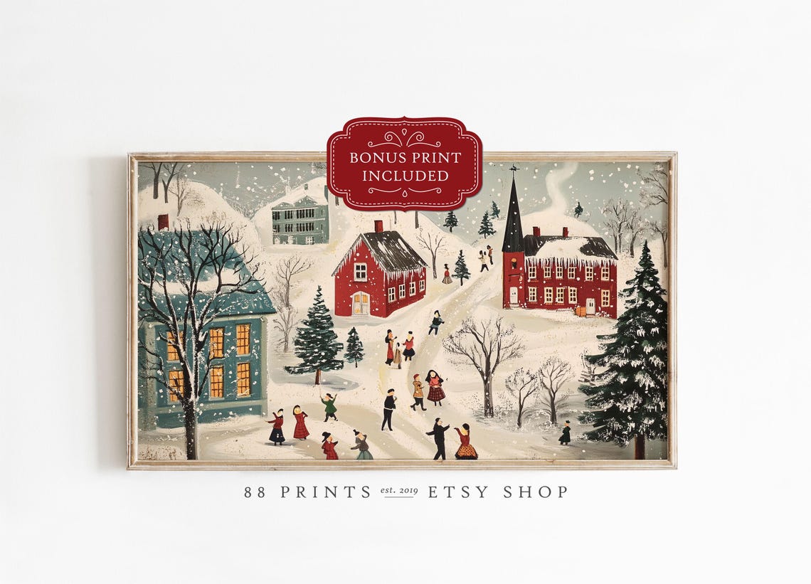 Nostalgic Winter Village Folk Art Snowy Church Villagers Poster