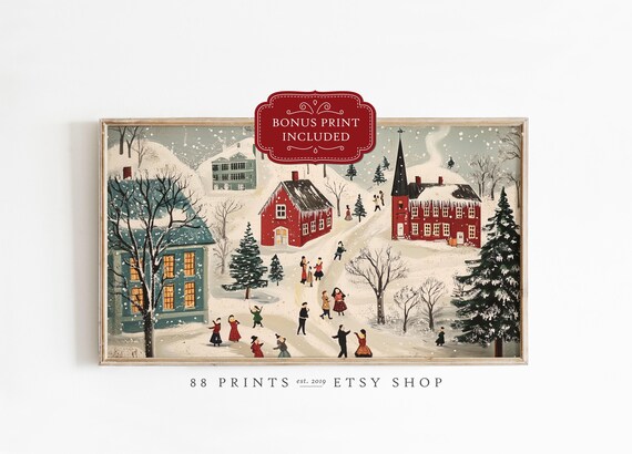 Nostalgic Winter Village Folk Art Snowy Church Villagers Poster