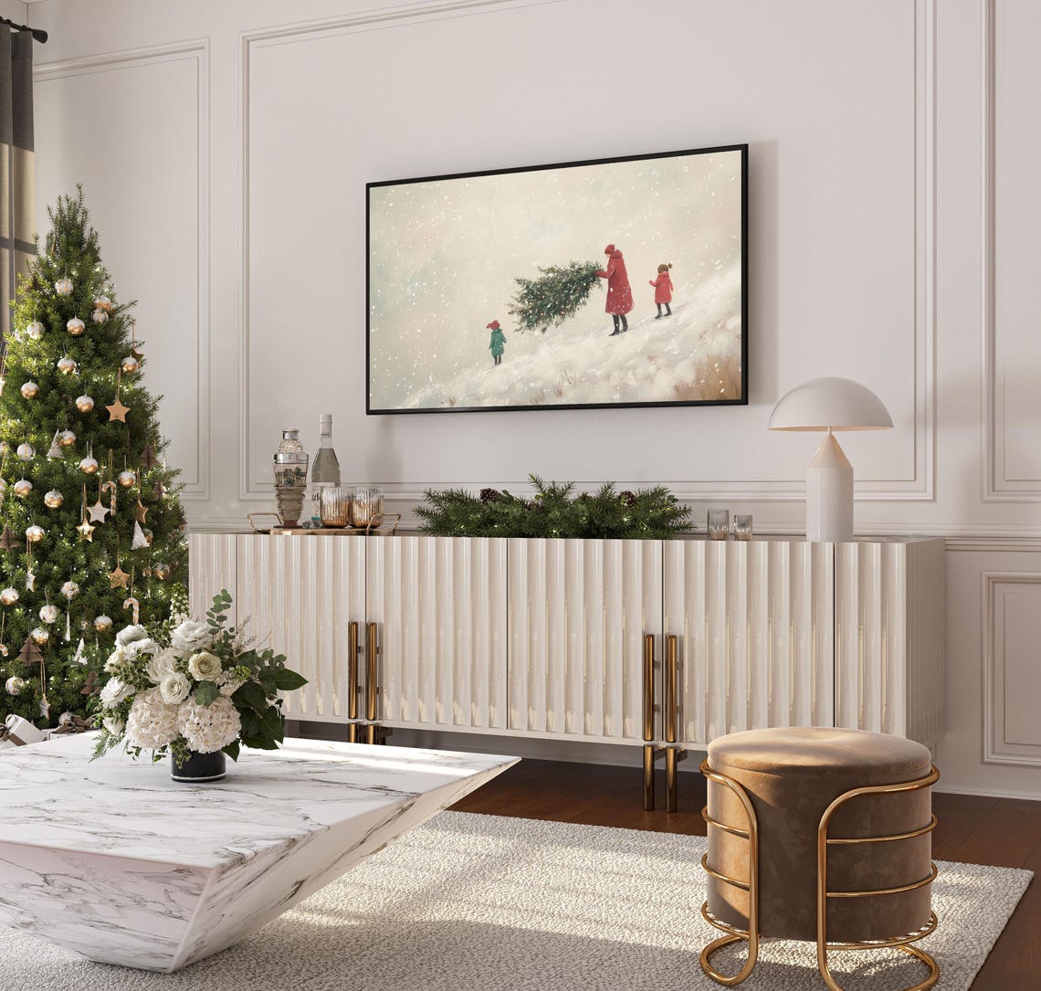 Family Bringing Home Christmas Tree Winter Snow Painting Poster - Image 4