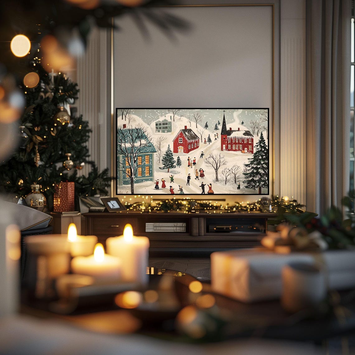 Nostalgic Winter Village Folk Art Snowy Church Villagers Poster - Image 3