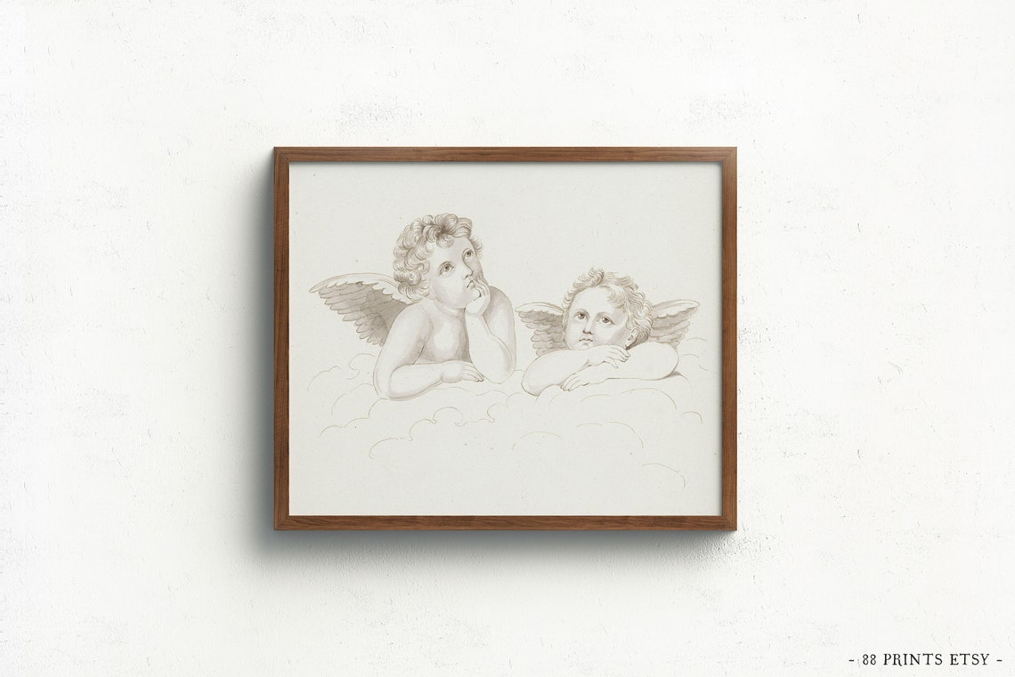 Two Cherub Angels Clouds Sepia Sketch Renaissance Style Art Print - Image 2