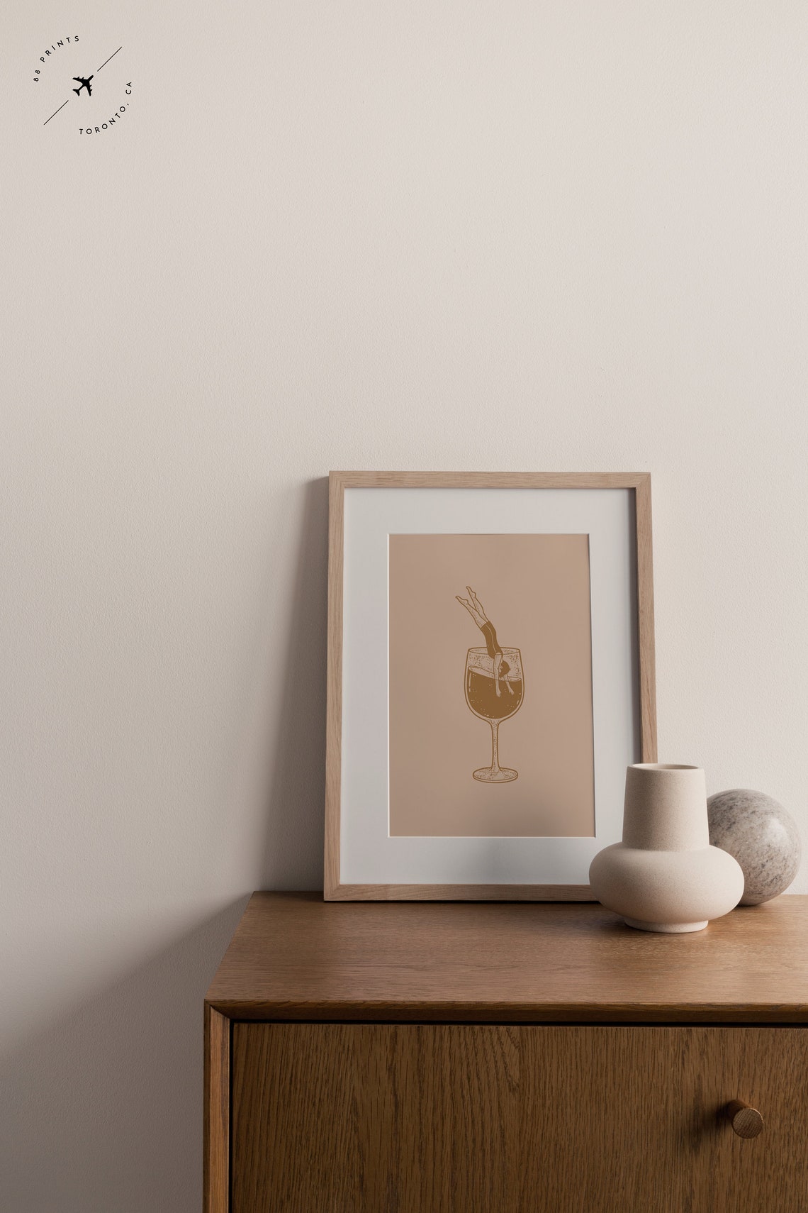 Retro Wine Glass Diver Woman Line Art Beige Kitchen Wall Decor Print - Image 2