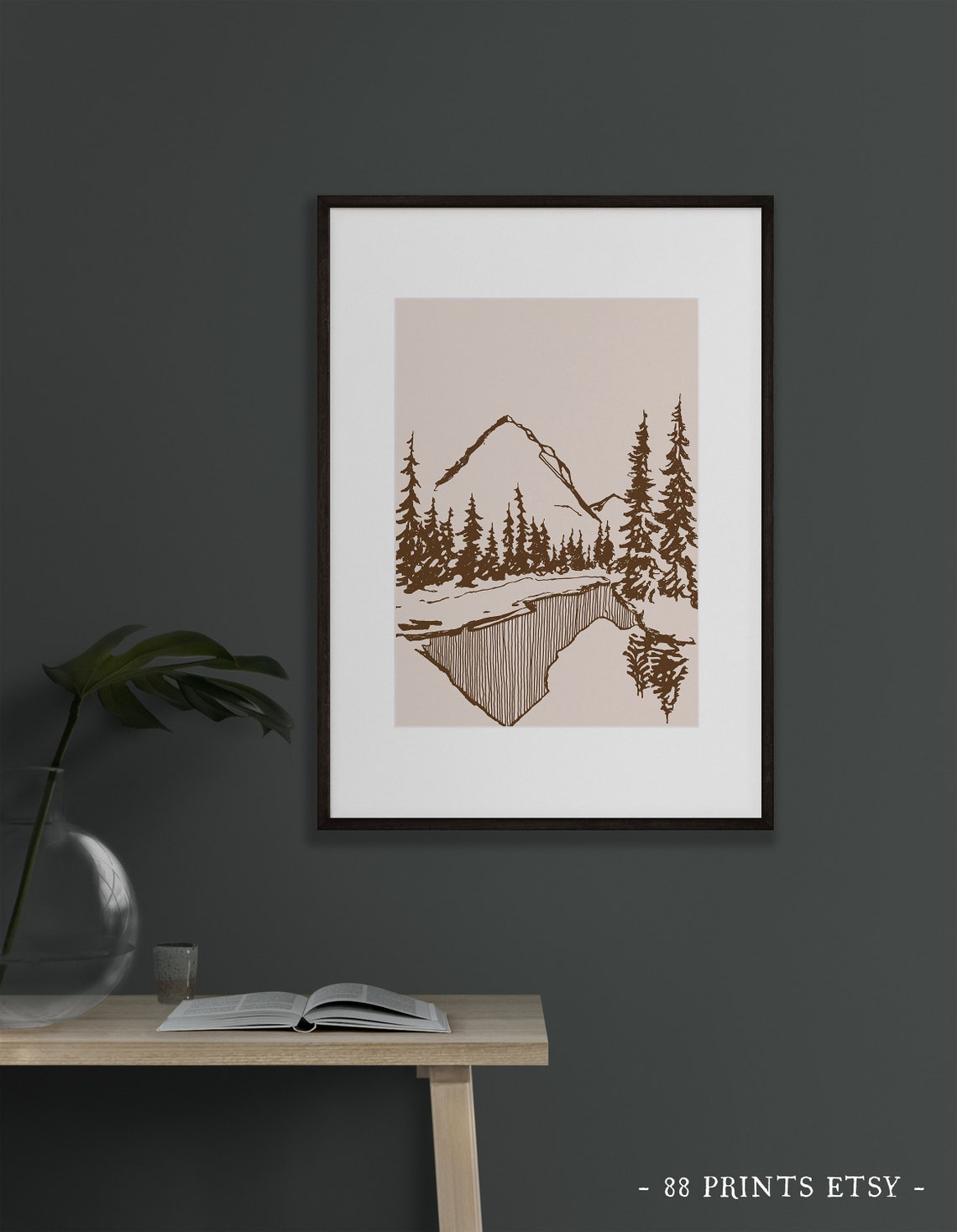 Mountain Lake Pine Forest Line Drawing Brown Beige Nature Art Print - Image 4