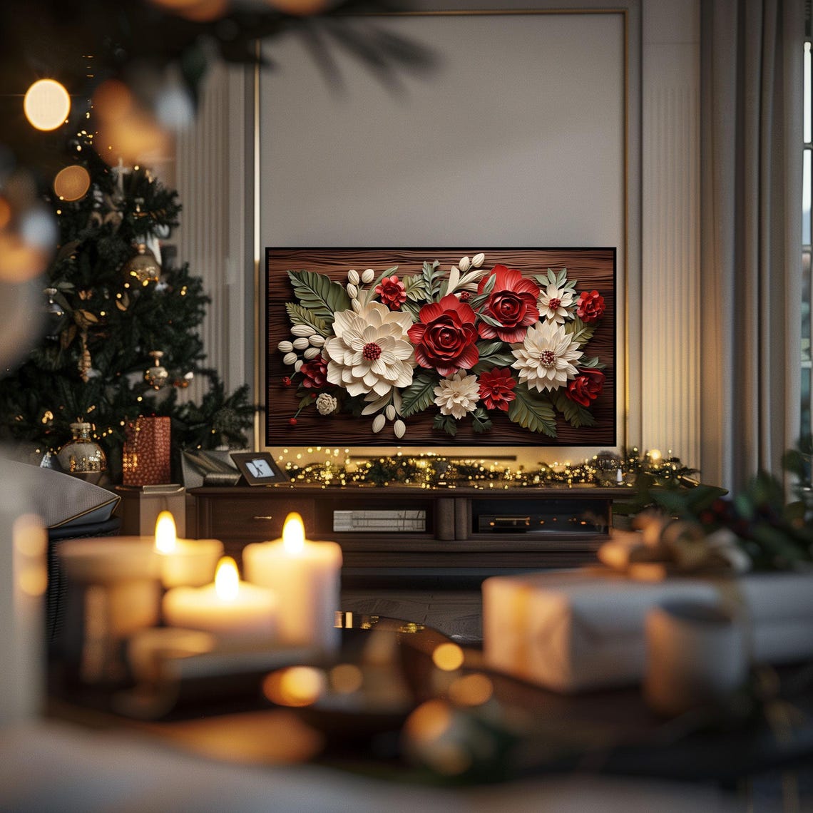 Red Cream Floral Christmas Paper Flower Winter Botanical Poster - Image 3