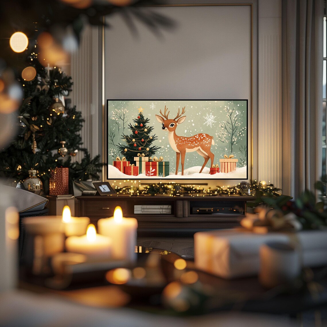 Vintage Christmas Deer With Tree And Gifts Snowy Scene Art Poster - Image 3