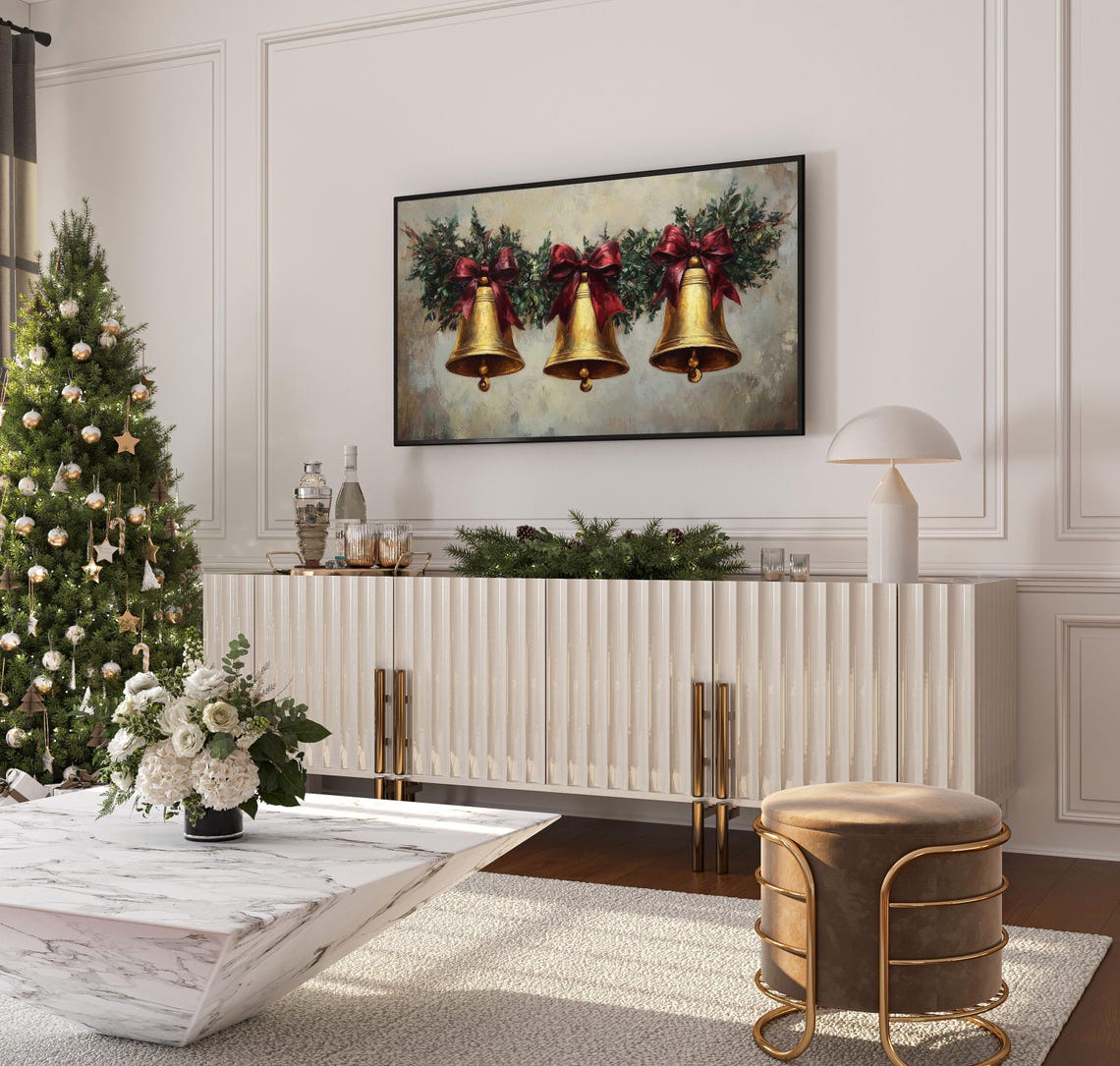 Golden Holiday Bells Christmas Frame TV Art Festive Garland Poster - Image 4