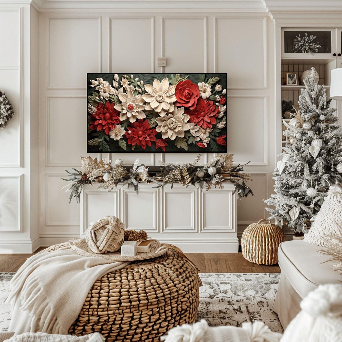 Red White Holiday Paper Flowers Winter Botanical Decor Poster - Image 2