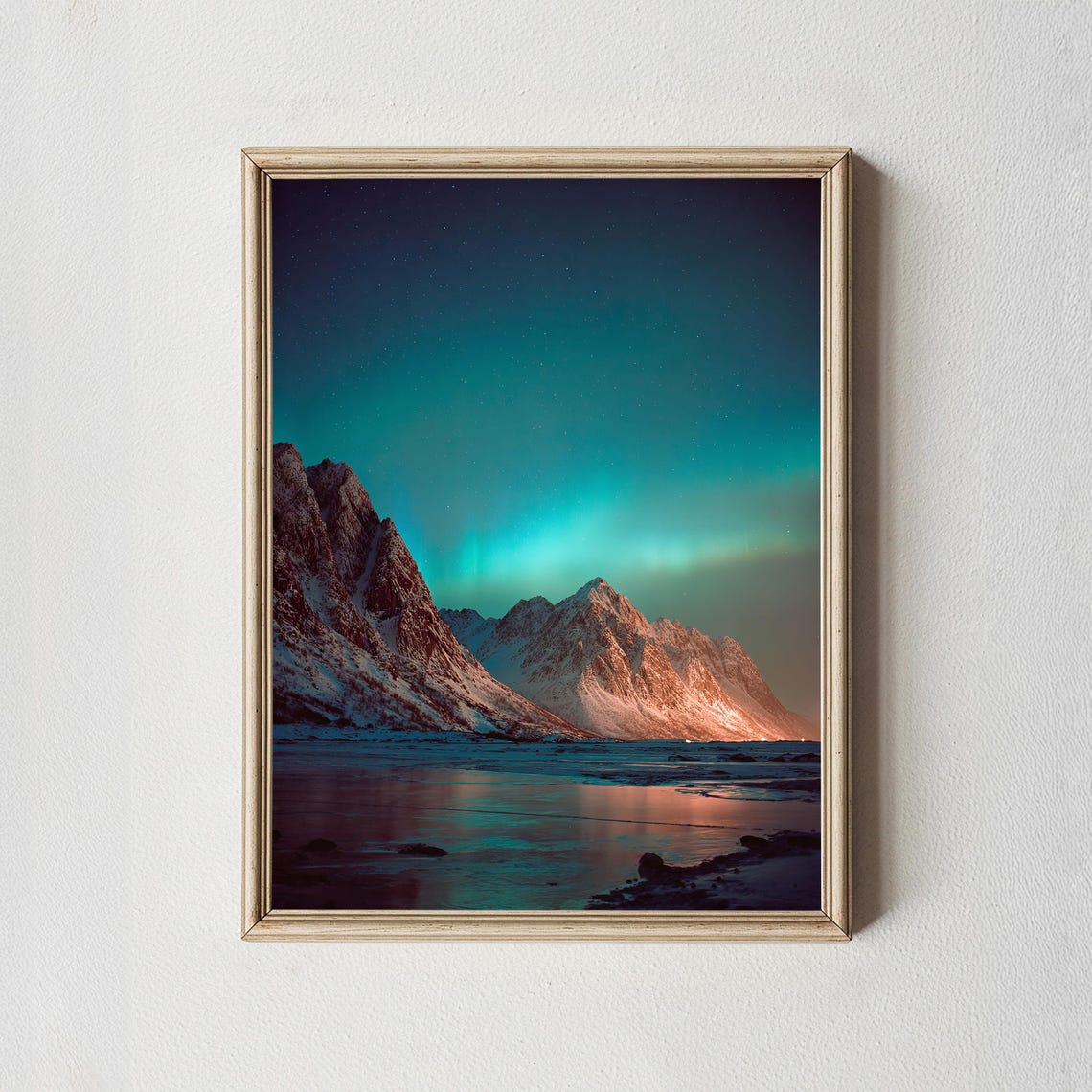 Aurora Borealis Over Snowy Mountain Peaks Northern Lights Sky Poster