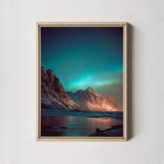 Aurora Borealis Photography Print Snowy Mountain Night Sky Wall Art