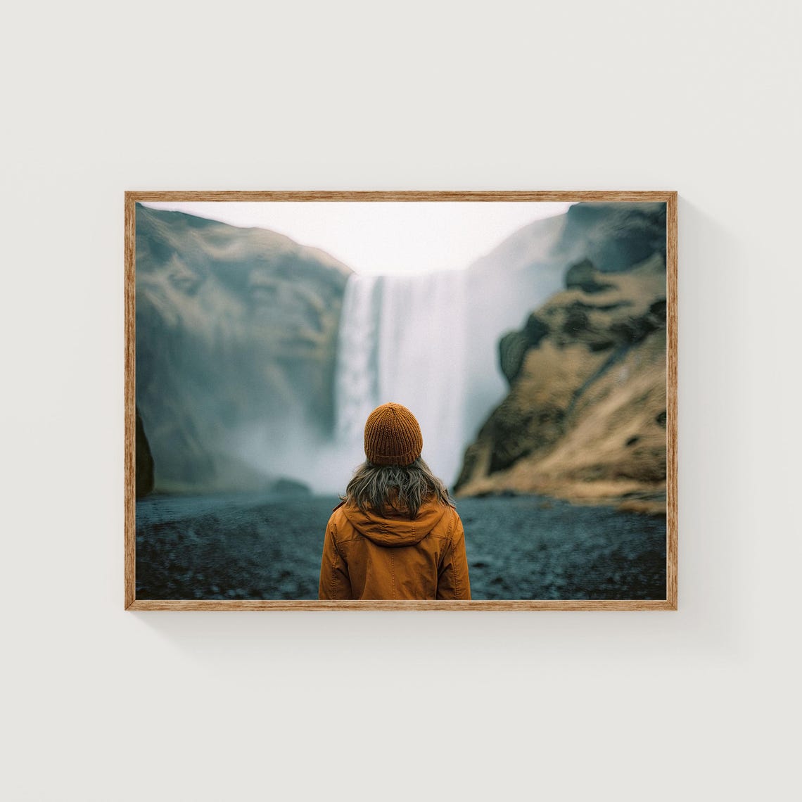 Traveler Before Waterfall Iceland Orange Jacket Wanderlust Poster
