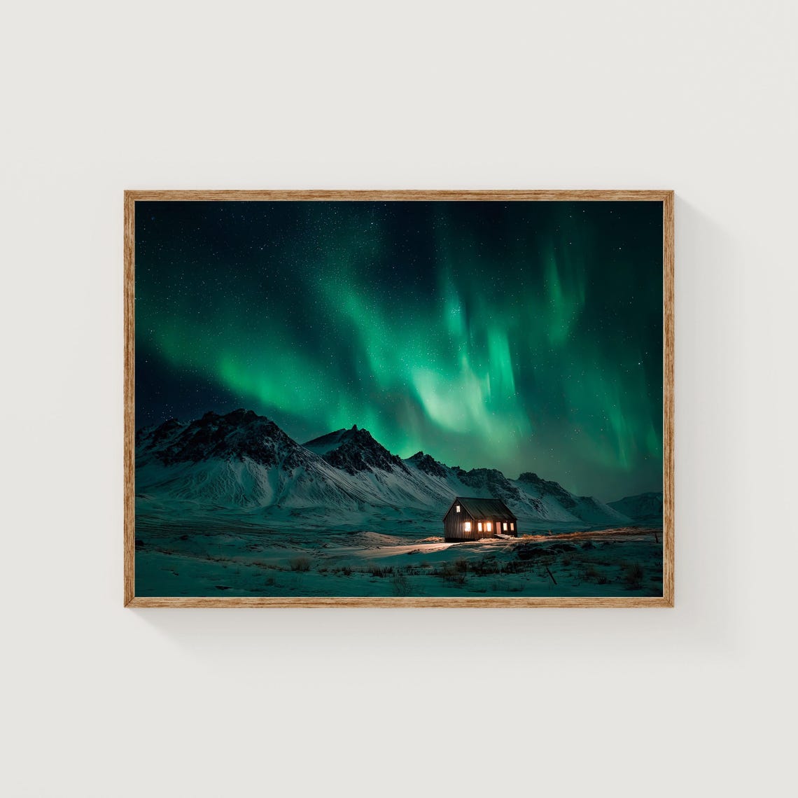 Iceland Aurora Borealis Over Snowy Cabin Mountains Photo Poster