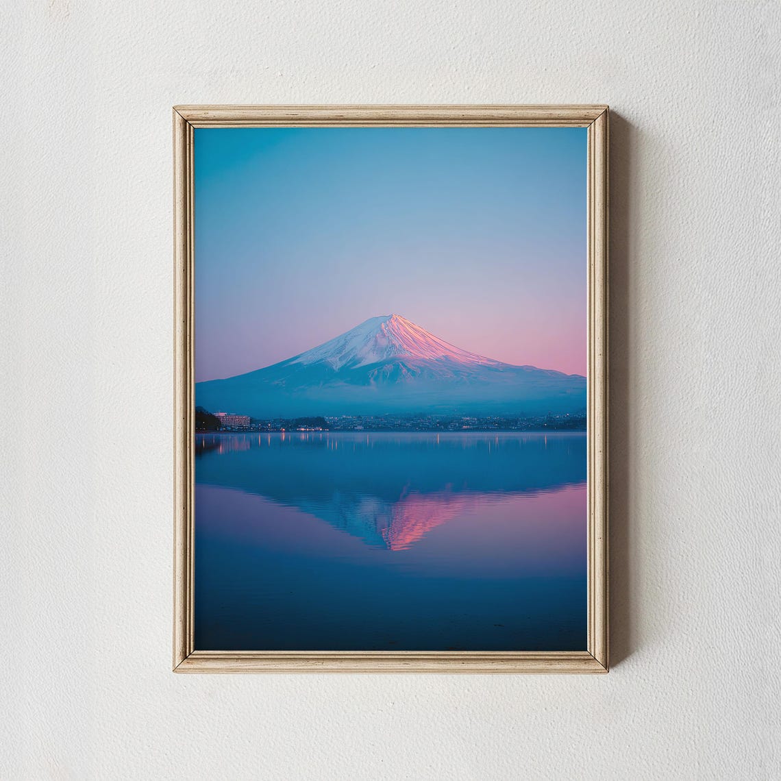 Mount Fuji Sunrise Reflection Pink Sky Serene Lake Photography Poster