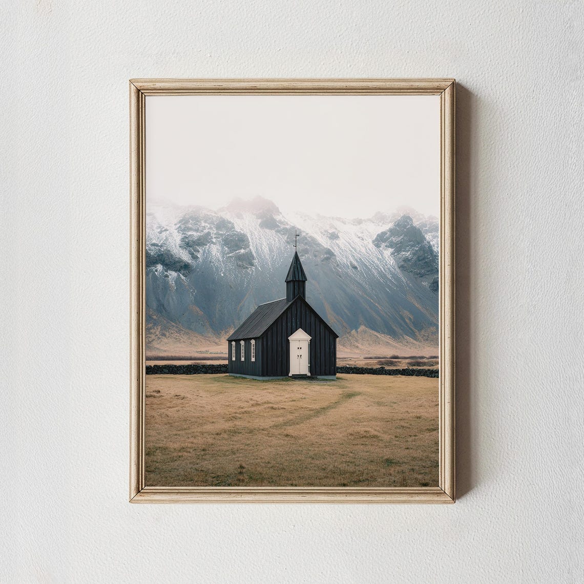 Black Church Iceland Snowy Mountain Nordic Winter Landscape Poster