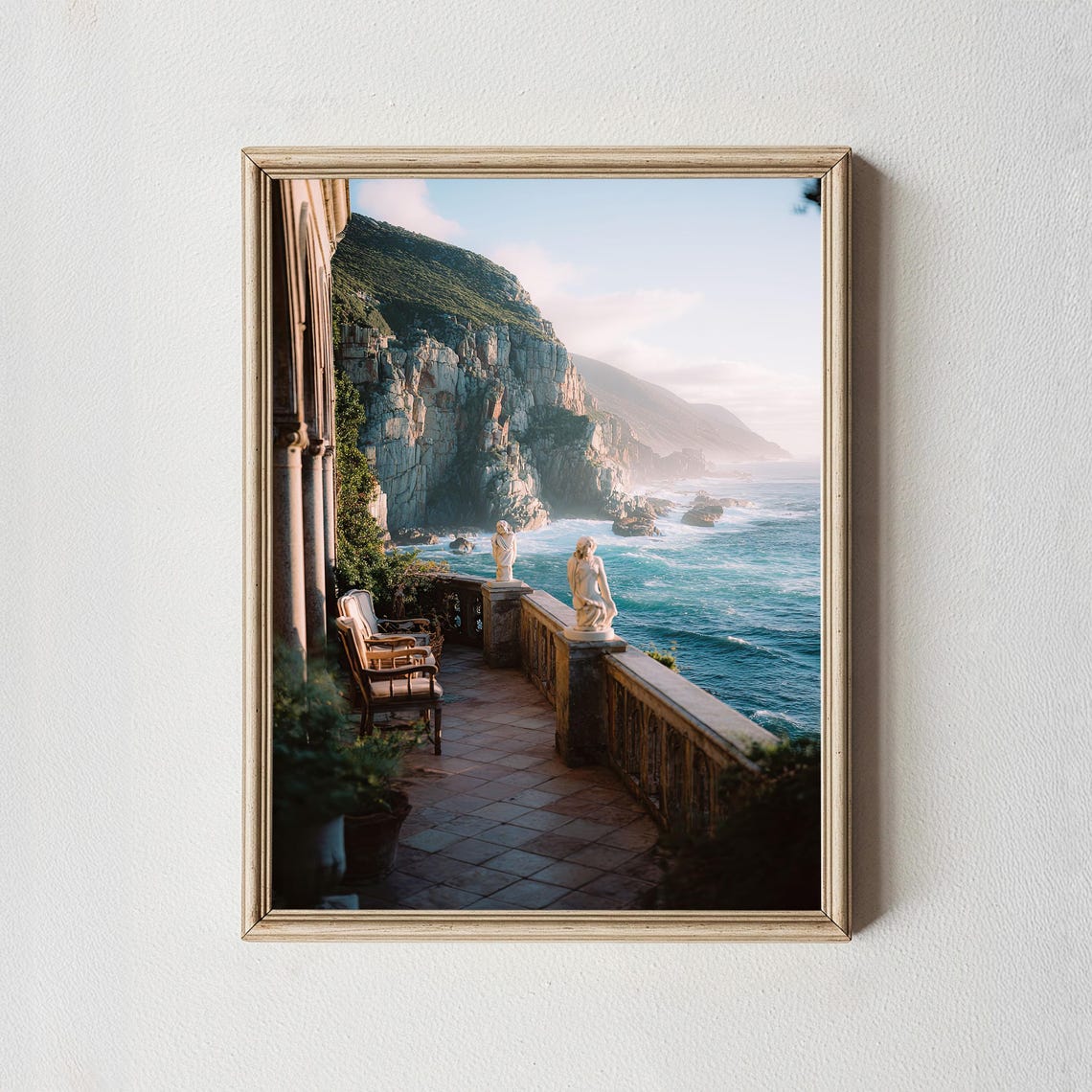Mediterranean Coastal Terrace Sea Cliffs Statues Ocean View Poster