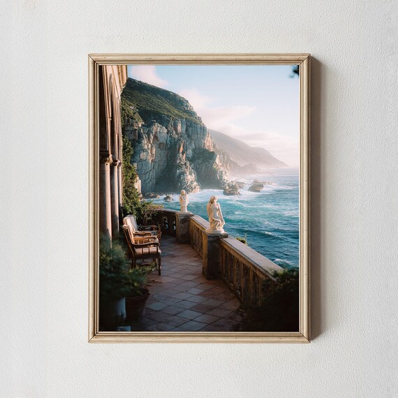 Mediterranean Coastal Terrace Sea Cliffs Statues Ocean View Poster
