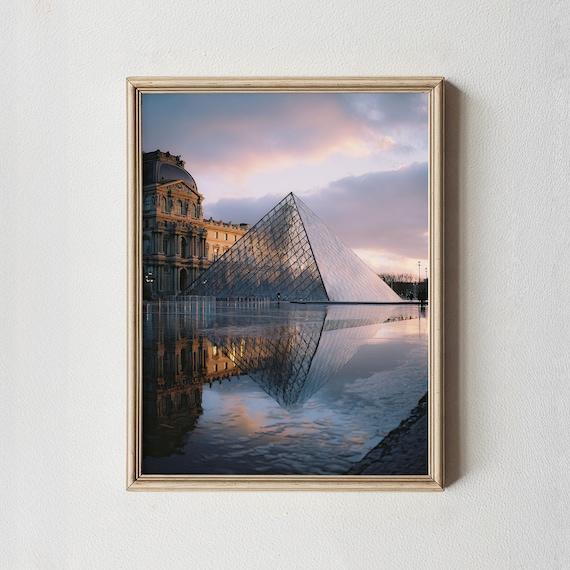 Louvre Pyramid Paris at Dusk with Pink Sky Reflection Photo Poster