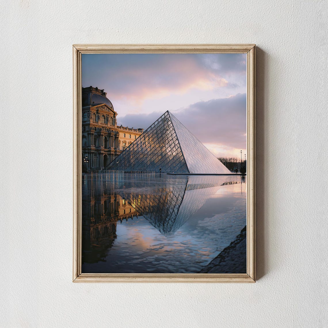 Louvre Pyramid Paris at Dusk with Pink Sky Reflection Photo Poster