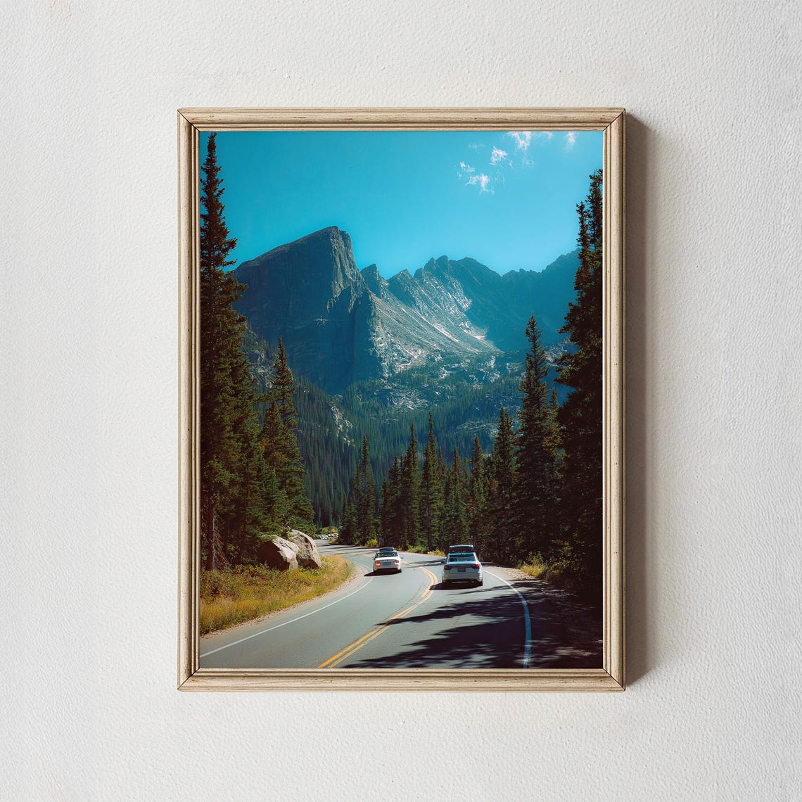 Mountain Road Trip Photography Print Cars Alpine Peak Pine Forest