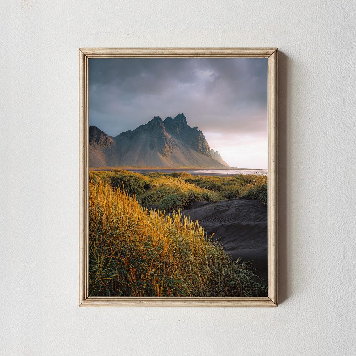 Vestrahorn Iceland Black Sand Dunes Golden Grass Sunset Print