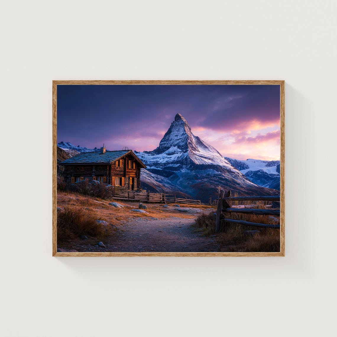 Matterhorn Sunset Wooden Cabin Pink Sky Alpine Mountain Poster