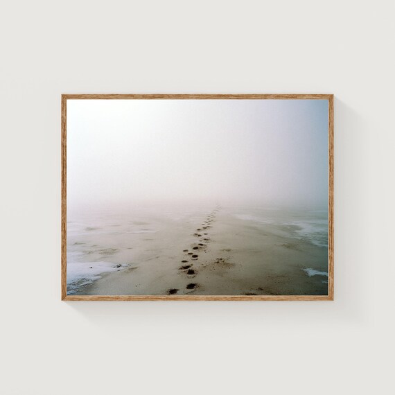 Foggy Beach Footprints Trail Minimalist Fine Art Photography Poster