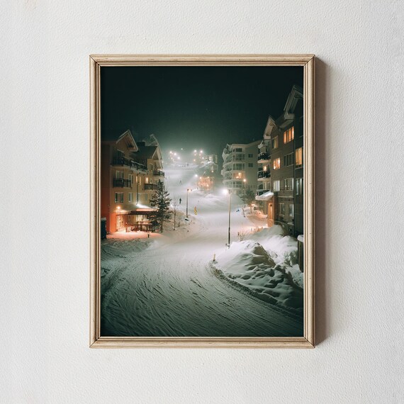 Snowy Ski Village Night Winter Alpine Street Photography Poster