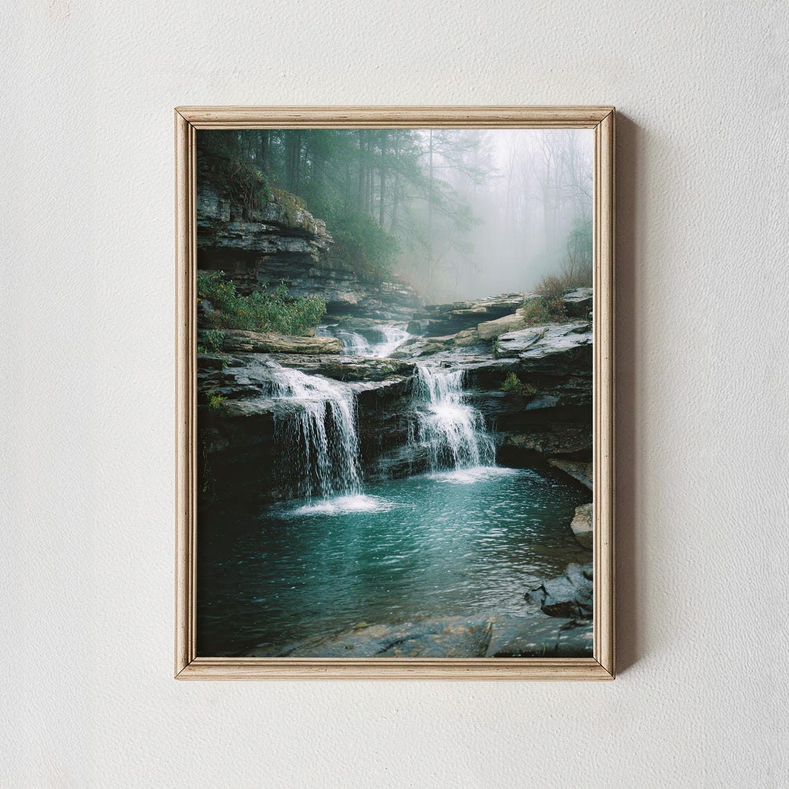 Misty Forest Waterfall Cascading into Turquoise Pool Photo Poster