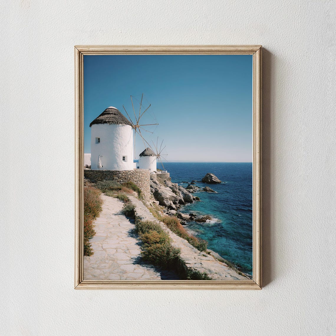 White Greek Island Windmills Aegean Coast Blue Sea Travel Poster