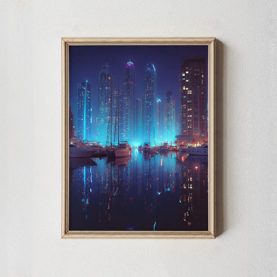 Dubai Marina Night Skyline Print Cityscape Wall Art Photography