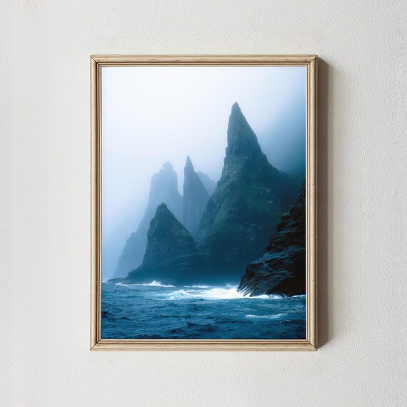 Faroe Islands Misty Sea Stacks Foggy Nordic Coast Photography Print