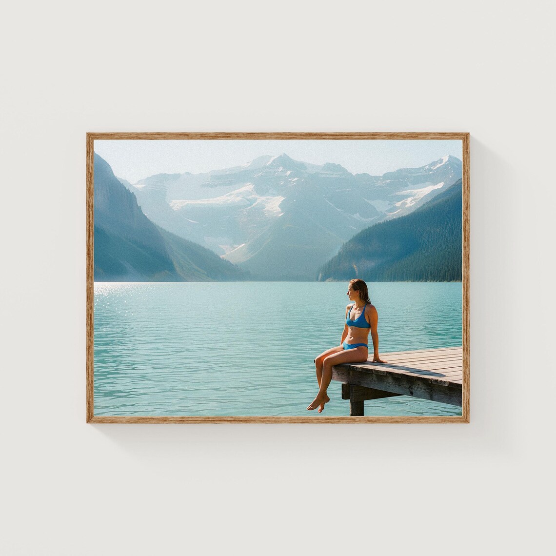 Woman Blue Bikini Dock Turquoise Mountain Lake Summer Travel Poster