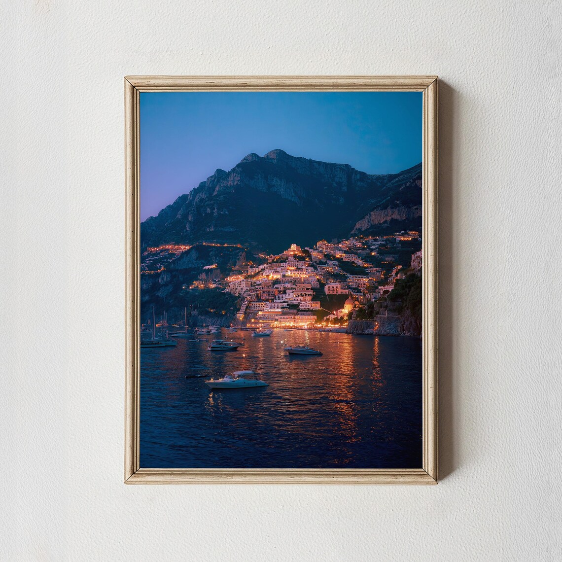 Coastal Town Dusk Lights Boats Mountain Shore Poster for Cozy Wall Decor