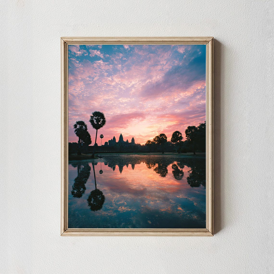 Angkor Wat Sunrise Silhouette Temple Reflection Pink Sky Photo Poster