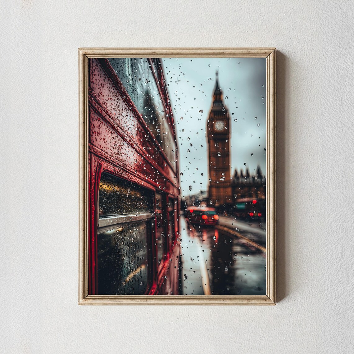 London Big Ben Red Bus Rainy Day Moody Street Photography Wall Art