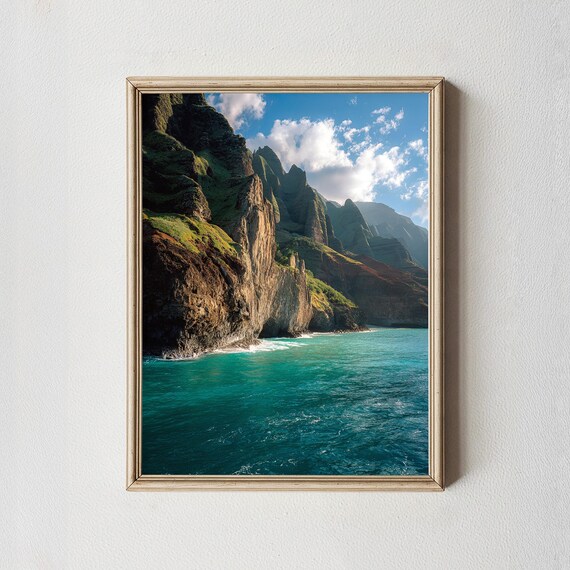 Na Pali Coast Green Cliffs Ocean Surf Kauai Nature Photo Poster