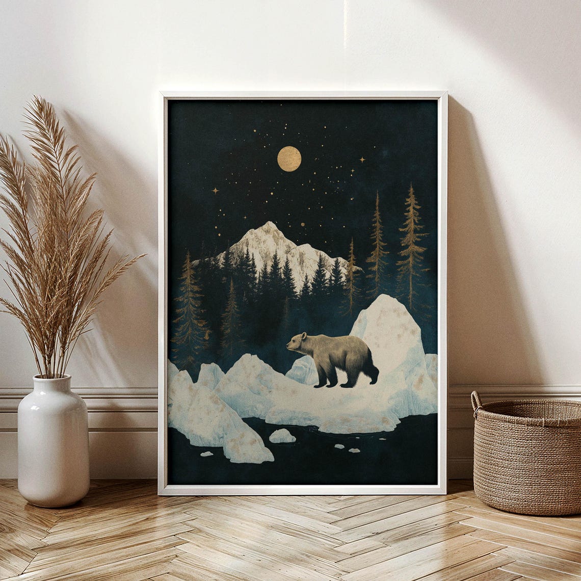 Brown Bear Moonlit Ice Gold Night Sky Arctic Wildlife Wall Art