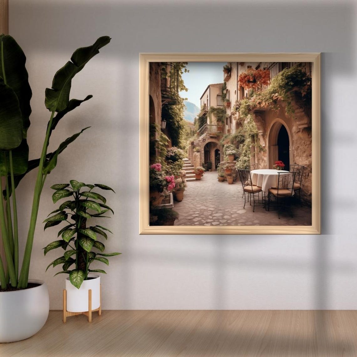 Italy Courtyard Cafe Stone Arches Flowers Cobblestone Poster