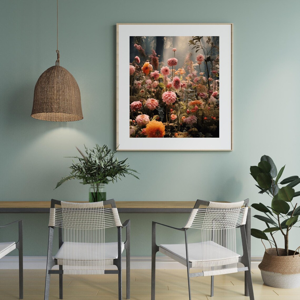 Dahlia Garden Pink Orange Blooms Dark Floral Photography Poster