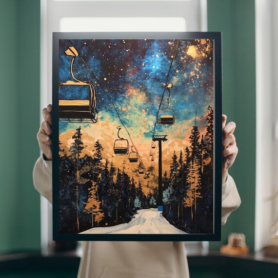 Ski Gondolas Under Starry Night Sky Snowy Mountain Winter Poster
