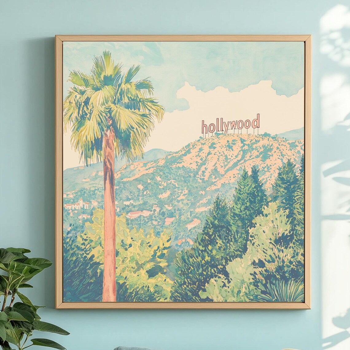 Iconic Hollywood Sign Hills With Palm Tree Vintage Travel Poster