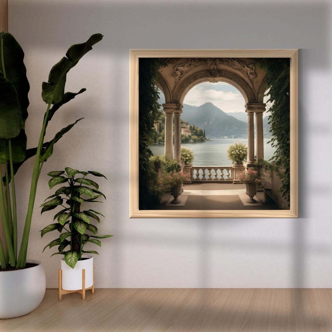 Italian Lake Archway Columns Mountain View Vintage Scenic Art Poster