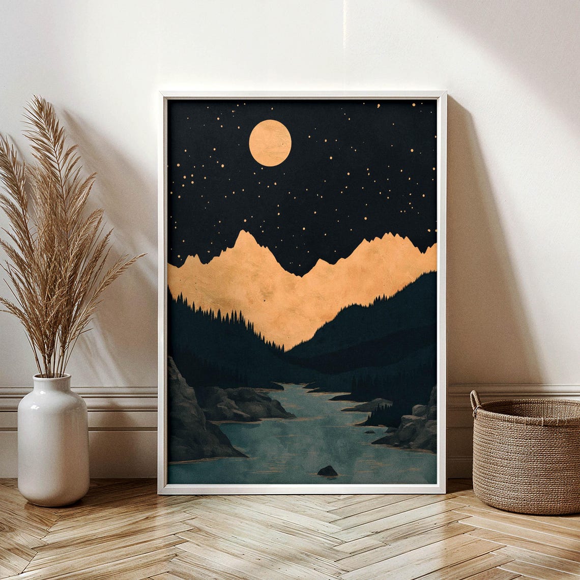 Golden Moon Mountain River Night Sky Starry Wilderness Wall Art