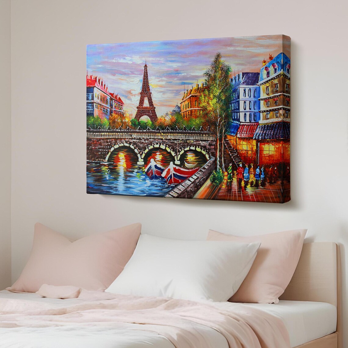 Paris Eiffel Tower Seine Bridge Boats Sunset Oil Painting Poster
