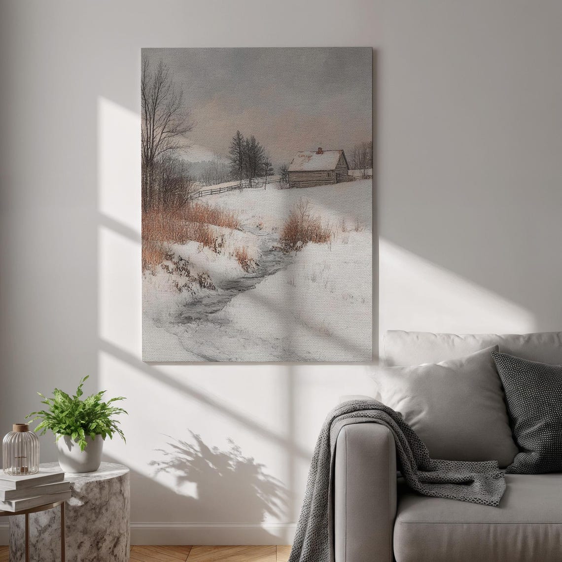 Rustic Winter Cabin Snow Landscape With Frozen Stream Canvas Poster