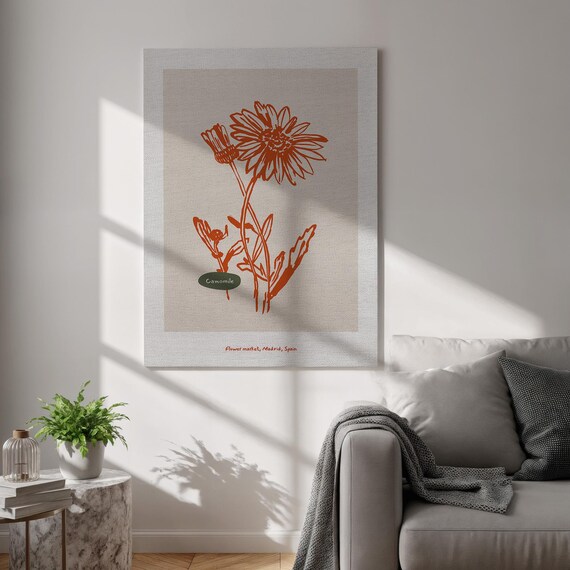 Camomile Botanical Canvas Print Minimalist Flower Wall Art Modern Terracotta Line Poster Framed Natural Decor For Bedroom And Office