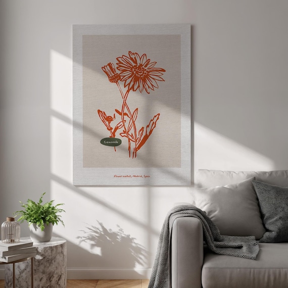 Camomile Madrid Spain Flower Market Red Line Art Botanical Sketch Poster