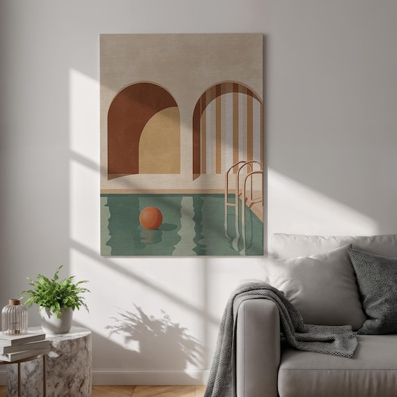 Mediterranean Pool Retro Arches Summer Minimal Canvas Poster