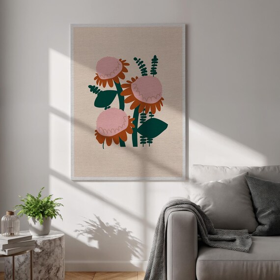 Retro Floral Canvas Wall Art Print Minimalist Pink And Brown Flower Poster Beige Botanical Home Decor For Bedroom Living Room Or Studio