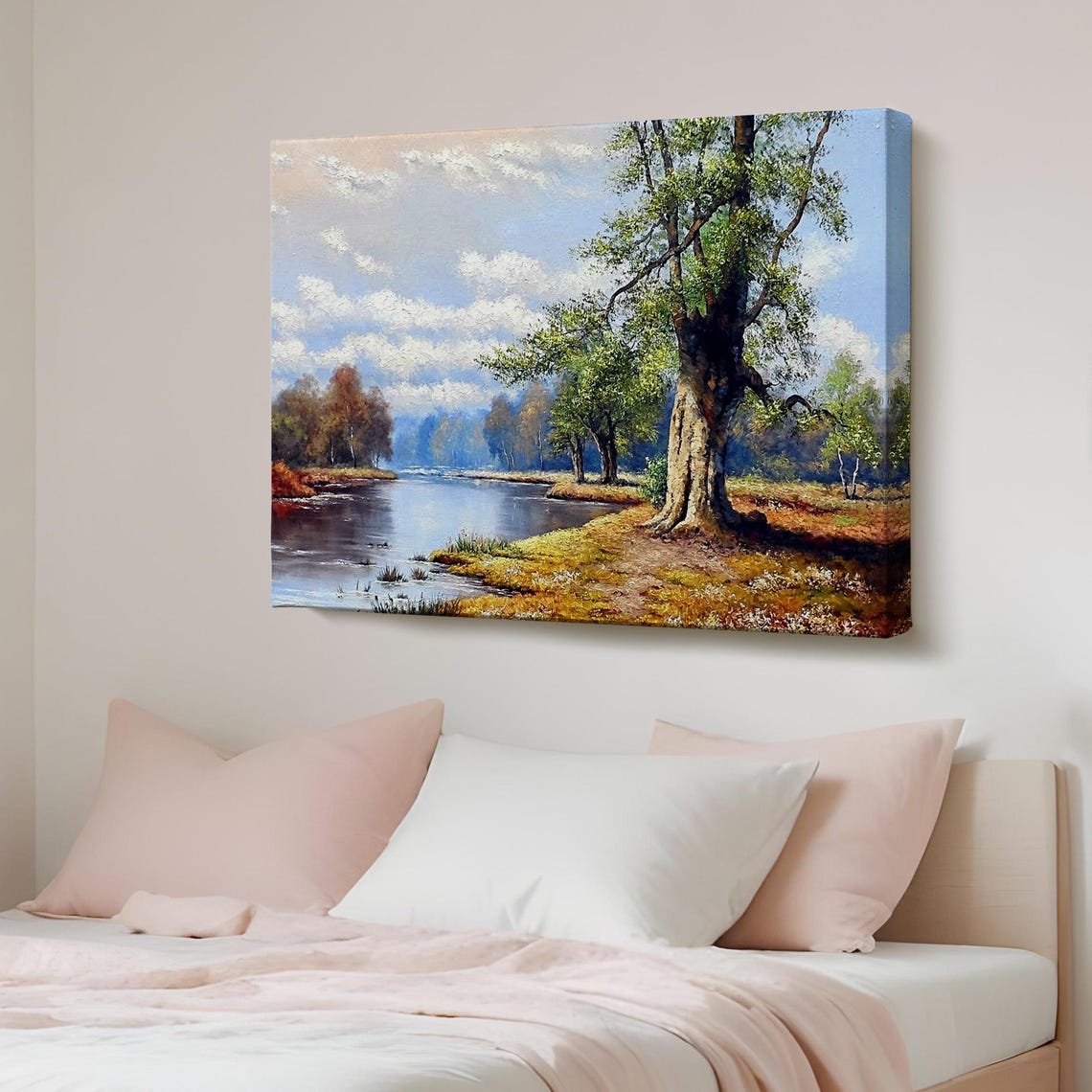 Tranquil River Landscape Majestic Oak Tree Calm Oil Painting Poster