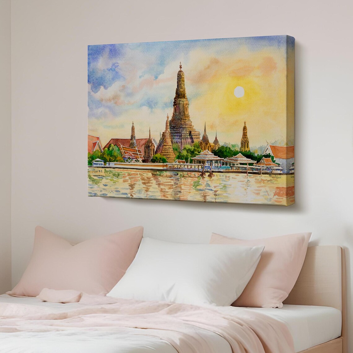 Wat Arun Bangkok Thailand Temple River Sunset Watercolor Art Poster